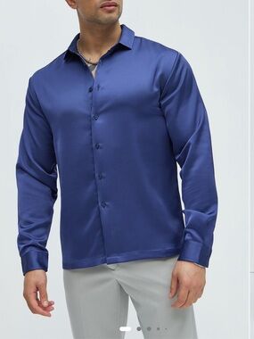 Links Satin Long Sleeve Button-Up Shirt - Navy